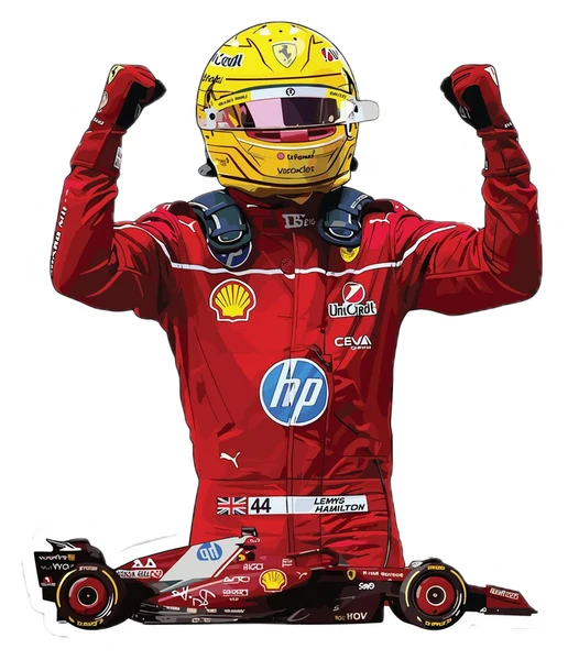 Sticker of Lewis Hamilton celebrating in Ferrari red, with his Ferrari car